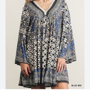 Umgee V Neck Blue Mix Print Peasant Dress with Bell Sleeves